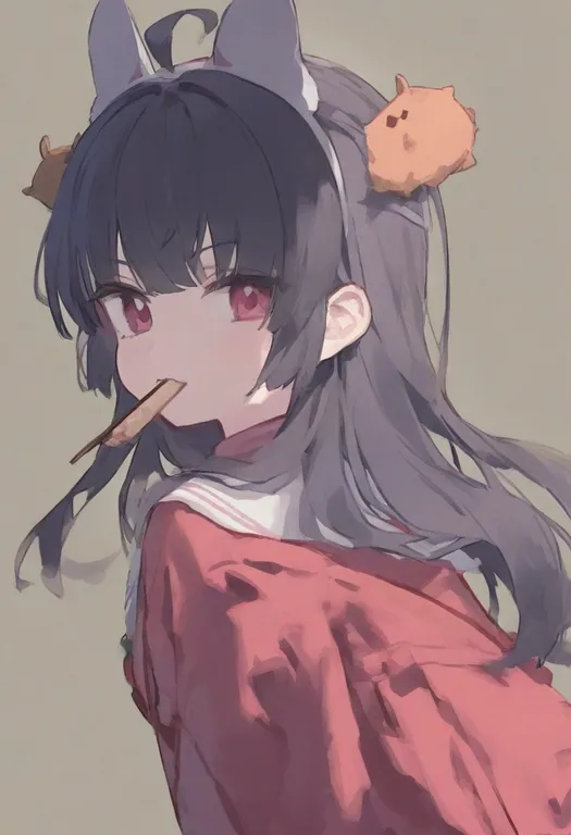 masterpiece, best quality, general, food in mouth, 1girl, solo, simple background — by k3scat, made with ComfyUI
