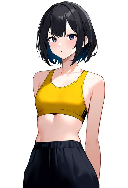 masterpiece, best quality, newest, absurdres, highres, safe, yellow_sports_bra, 1girl, solo, simple_background — by k3scat, made with ComfyUI