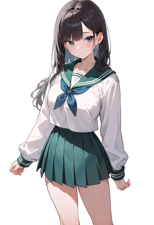masterpiece, best quality, score_7, safe, green sailor collar, 1girl, solo, simple background — by k3scat, made with ComfyUI
