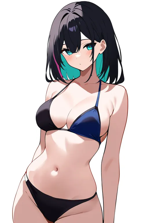 masterpiece, best quality, newest, absurdres, highres, safe, two-tone_bikini, 1girl, solo, simple_background — by k3scat, made with ComfyUI