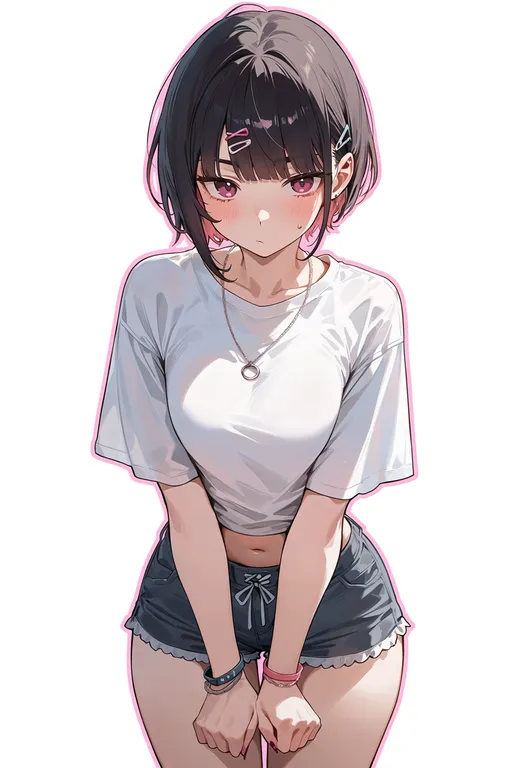 masterpiece, best quality, score_7, safe, pink outline, 1girl, solo, simple background — by k3scat, made with ComfyUI