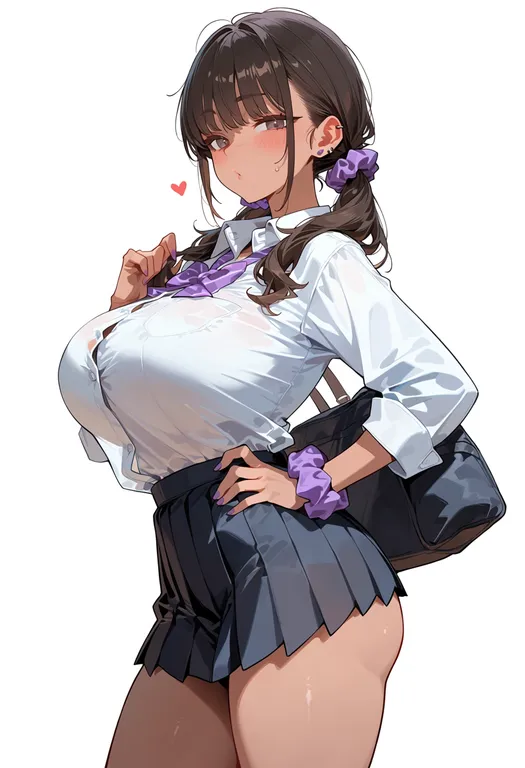 masterpiece, best quality, score_7, safe, purple scrunchie, 1girl, solo, simple background — by k3scat, made with ComfyUI
