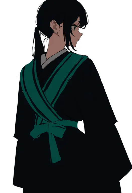 masterpiece, best quality, newest, absurdres, highres, safe, green_sash, 1girl, solo, simple_background — by k3scat, made with ComfyUI