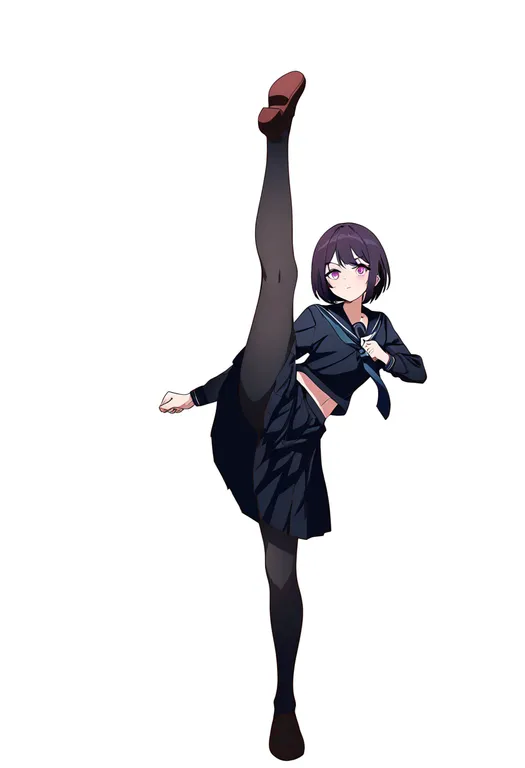 masterpiece, best quality, newest, absurdres, highres, safe, flying_kick, 1girl, solo, simple_background — by k3scat, made with ComfyUI