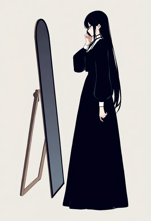 masterpiece, best quality, newest, absurdres, highres, safe, full-length_mirror, 1girl, solo, simple_background — by k3scat, made with ComfyUI