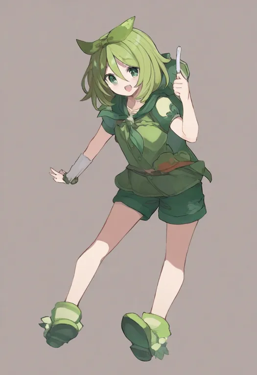 masterpiece, best quality, general, green shorts, 1girl, solo, simple background — by k3scat, made with ComfyUI