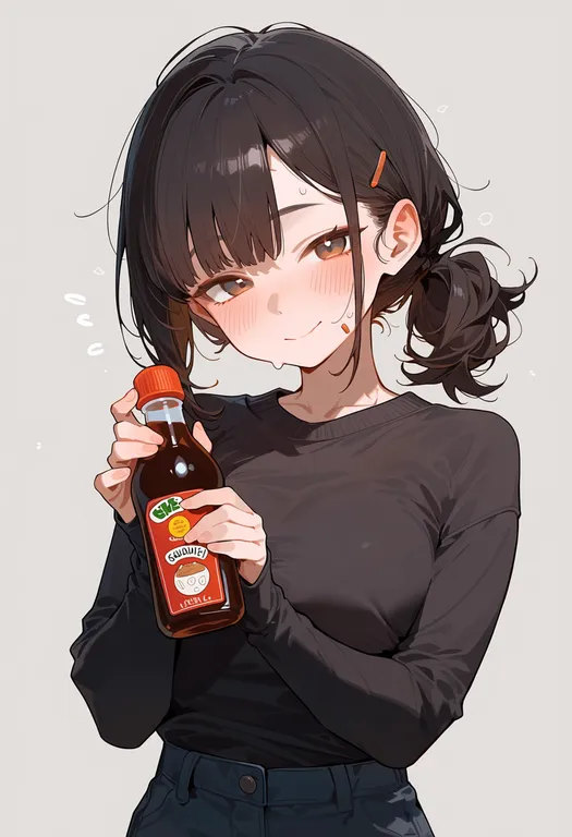 masterpiece, best quality, score_7, safe, soy sauce bottle, 1girl, solo, upper body, simple background — by k3scat, made with ComfyUI