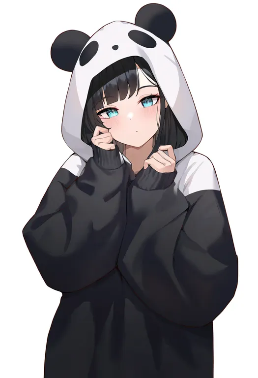 masterpiece, best quality, newest, absurdres, highres, safe, panda_hood, 1girl, solo, simple_background — by k3scat, made with ComfyUI