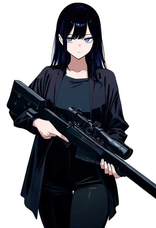 masterpiece, best quality, newest, absurdres, highres, safe, sniper_rifle, 1girl, solo, simple_background — by k3scat, made with ComfyUI