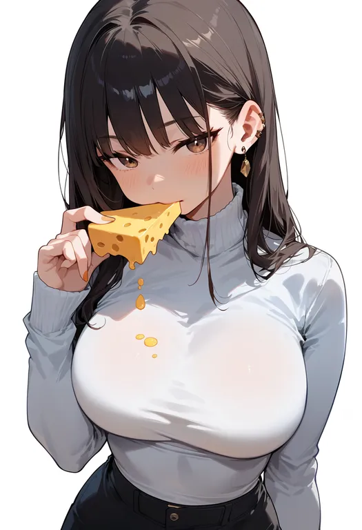 masterpiece, best quality, score_7, safe, sliced cheese, 1girl, solo, upper body, simple background — by k3scat, made with ComfyUI
