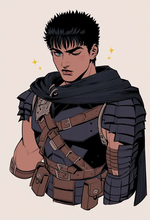 masterpiece, best quality, score_7, safe, guts (berserk), berserk, solo, upper body, simple background — by k3scat, made with ComfyUI