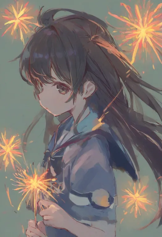 masterpiece, best quality, general, holding fireworks, 1girl, solo, simple background — by k3scat, made with ComfyUI