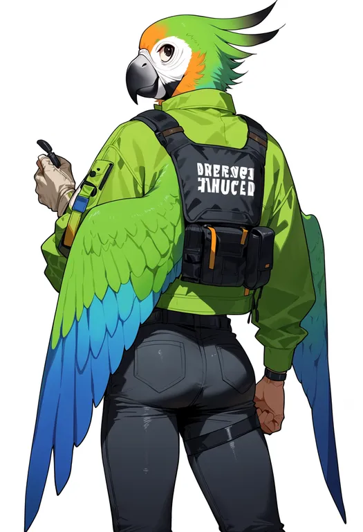 masterpiece, best quality, score_7, safe, parrot boy, 1boy, solo, simple background — by k3scat, made with ComfyUI