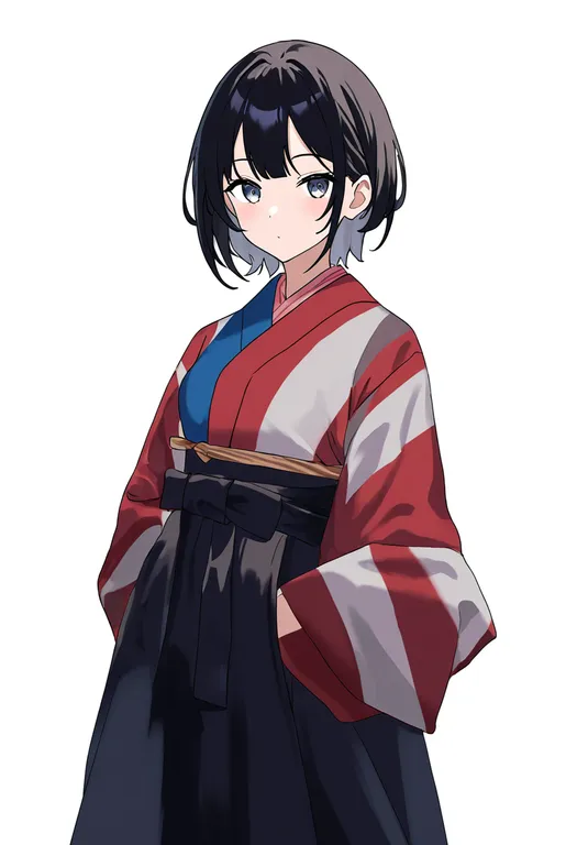 masterpiece, best quality, newest, absurdres, highres, safe, multicolored_kimono, 1girl, solo, simple_background — by k3scat, made with ComfyUI