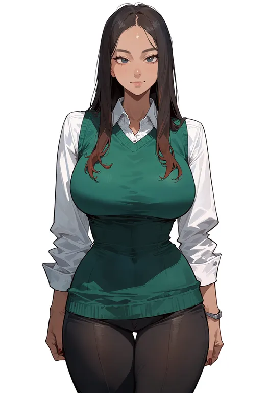 masterpiece, best quality, score_7, safe, green sweater vest, 1girl, solo, simple background — by k3scat, made with ComfyUI