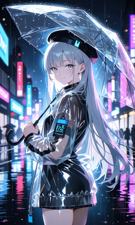 1girl, solo, silver long hair, silver eyes, black beret, oversized semi-transparent techwear jacket, holding transparent — by prime_hummingbird_21120, made with ComfyUI