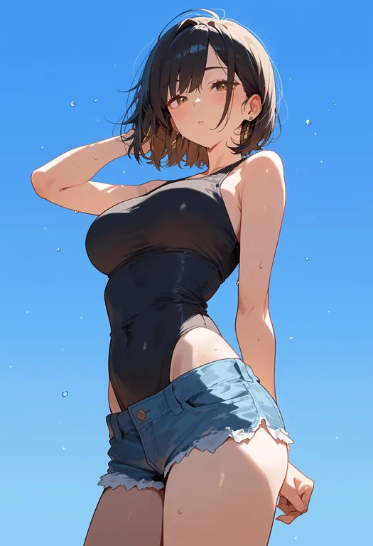 masterpiece, best quality, score_7, safe, blue sky, 1girl, solo, simple background — by k3scat, made with ComfyUI