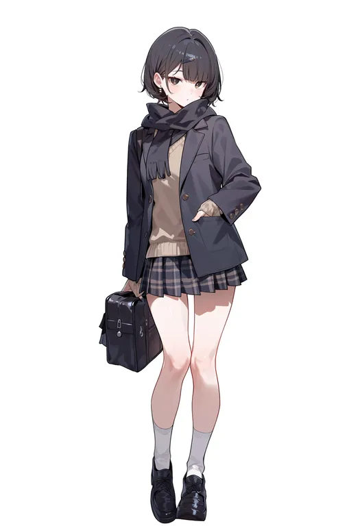 masterpiece, best quality, score_7, safe, plaid, 1girl, solo, full body, simple background — by k3scat, made with ComfyUI