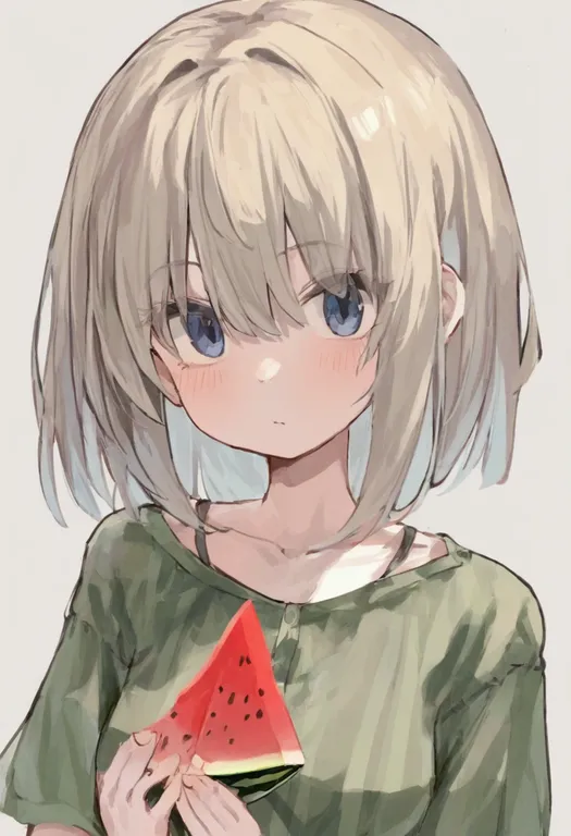 masterpiece, best quality, general, watermelon slice, 1girl, solo, simple background — by k3scat, made with ComfyUI