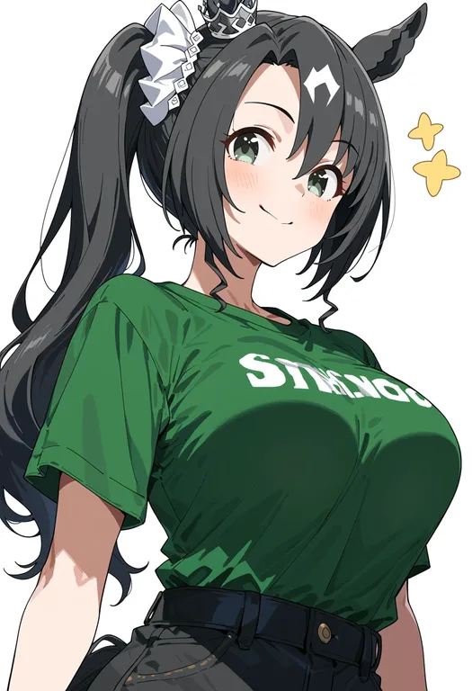 masterpiece, best quality, score_7, safe, satono crown (umamusume), umamusume, solo, upper body, simple background — by k3scat, made with ComfyUI
