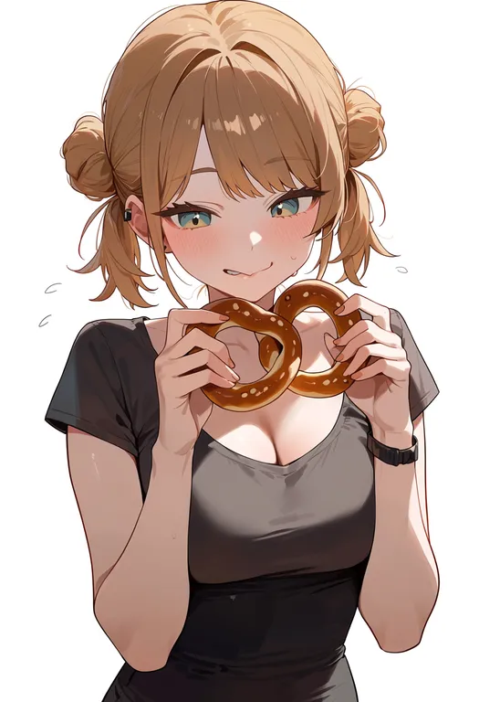 masterpiece, best quality, score_7, safe, pretzel, 1girl, solo, upper body, simple background — by k3scat, made with ComfyUI