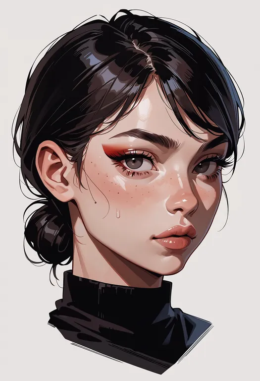 masterpiece, best quality, score_7, safe, eyeliner, 1girl, solo, portrait, simple background — by k3scat, made with ComfyUI