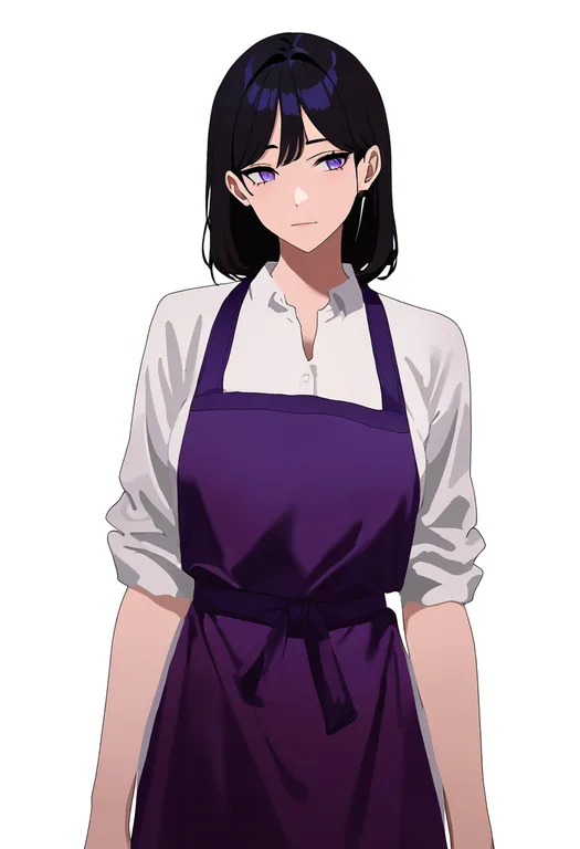 masterpiece, best quality, newest, absurdres, highres, safe, purple_apron, 1girl, solo, simple_background — by k3scat, made with ComfyUI