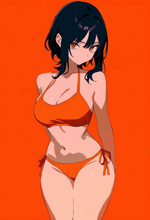 masterpiece, best quality, newest, absurdres, highres, safe, orange_bikini, 1girl, solo, simple_background — by k3scat, made with ComfyUI
