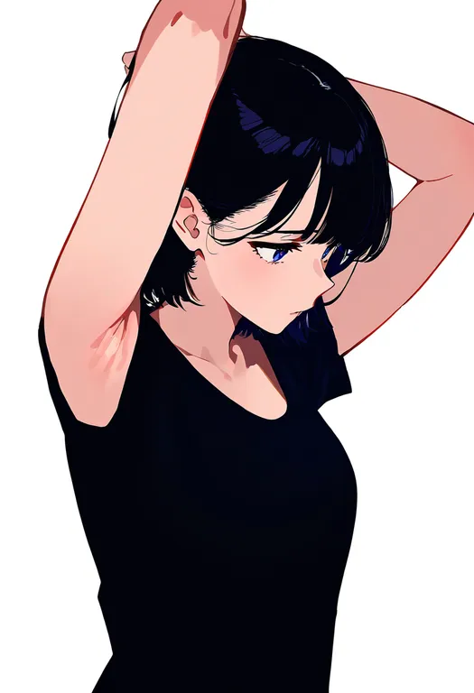 masterpiece, best quality, newest, absurdres, highres, safe, armpit_peek, 1girl, solo, simple_background — by k3scat, made with ComfyUI