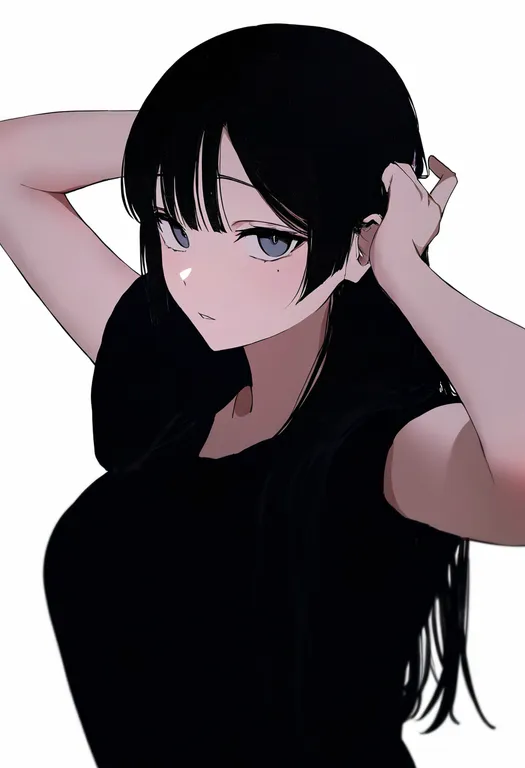 masterpiece, best quality, newest, absurdres, highres, safe, hands_in_own_hair, 1girl, solo, simple_background — by k3scat, made with ComfyUI
