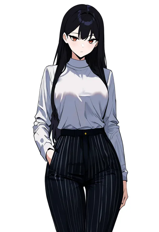 masterpiece, best quality, newest, absurdres, highres, safe, pinstripe_pants, 1girl, solo, simple_background — by k3scat, made with ComfyUI