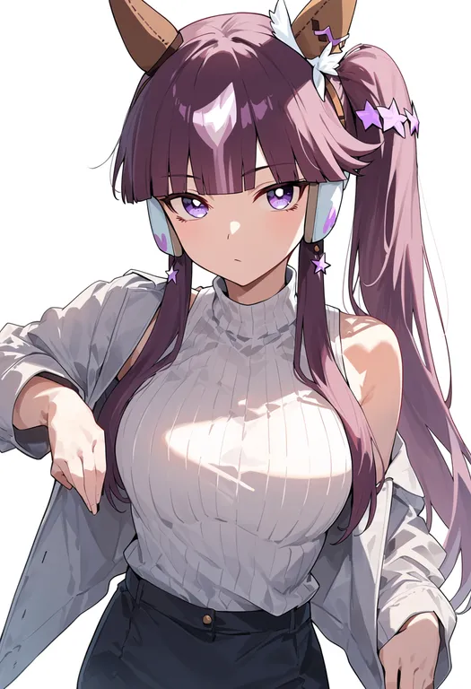 masterpiece, best quality, score_7, safe, lucky lilac (umamusume), umamusume, solo, upper body, simple background — by k3scat, made with ComfyUI