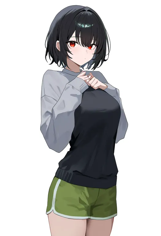masterpiece, best quality, newest, absurdres, highres, safe, green_shorts, 1girl, solo, simple_background — by k3scat, made with ComfyUI