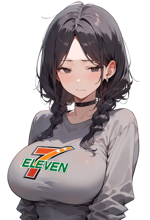 masterpiece, best quality, score_7, safe, 7-eleven, solo, upper body, simple background — by k3scat, made with ComfyUI