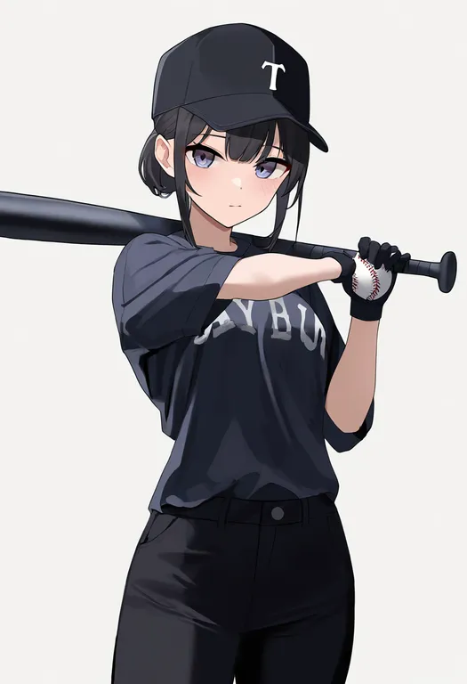 masterpiece, best quality, newest, absurdres, highres, safe, holding_baseball_bat, 1girl, solo, simple_background — by k3scat, made with ComfyUI