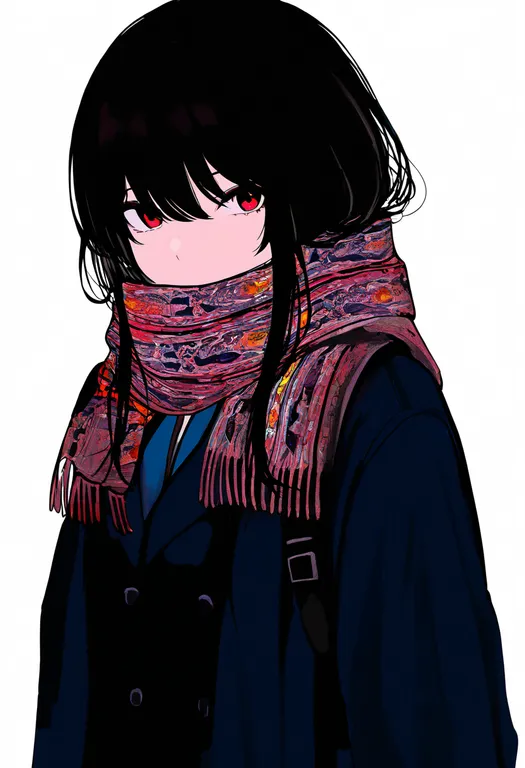 masterpiece, best quality, newest, absurdres, highres, safe, print_scarf, 1girl, solo, simple_background — by k3scat, made with ComfyUI