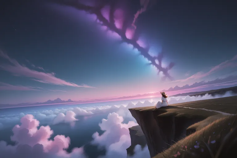 masterpiece, high quality, ultra-detailed, extreme wide angle, grand vista, vast landscape, girl sitting on cliff edge,…