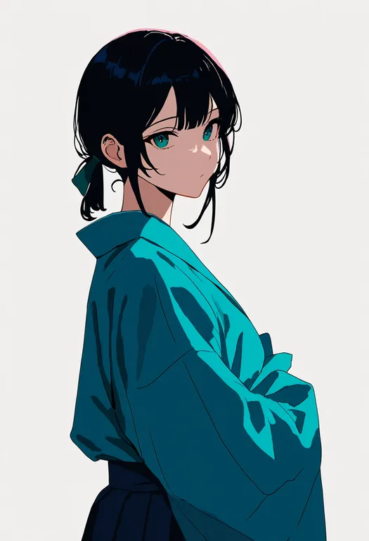 masterpiece, best quality, newest, absurdres, highres, safe, aqua_kimono, 1girl, solo, simple_background — by k3scat, made with ComfyUI