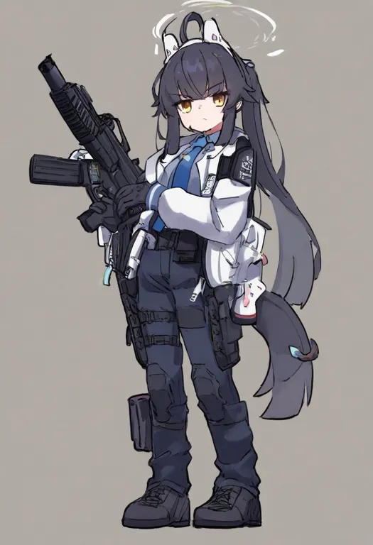 masterpiece, best quality, general, submachine gun, 1girl, solo, simple background — by k3scat, made with ComfyUI