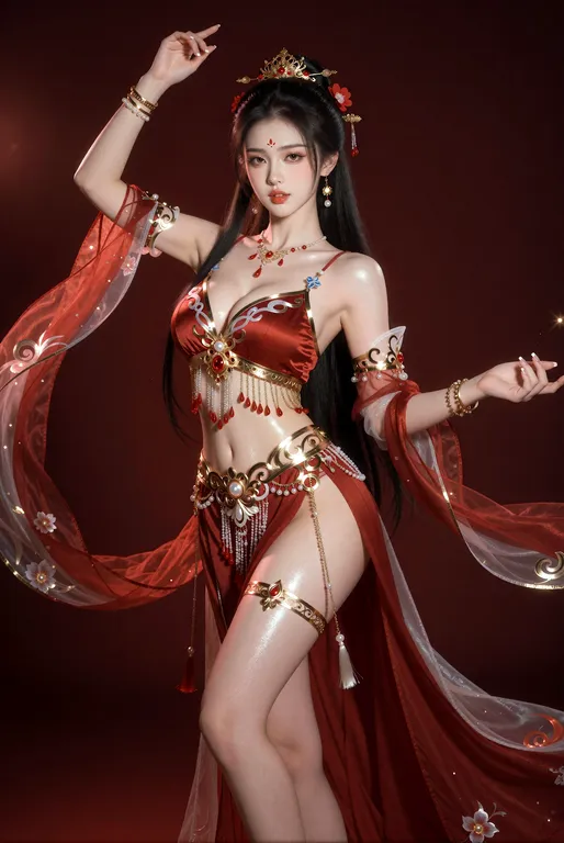 一位身材极致火辣的东方古典美女，长直黑亮长发及腰，搭配红色花朵发饰和金色发簪，眉心一点鲜红印记，精致脸庞红唇微启眼神妩媚自信，皮肤白皙细腻带有珠光，穿着华丽性感的红色古典舞裙，上身是镶嵌金色饰边的深V红色抹胸紧紧包裹丰满胸部露出大片雪白乳沟…