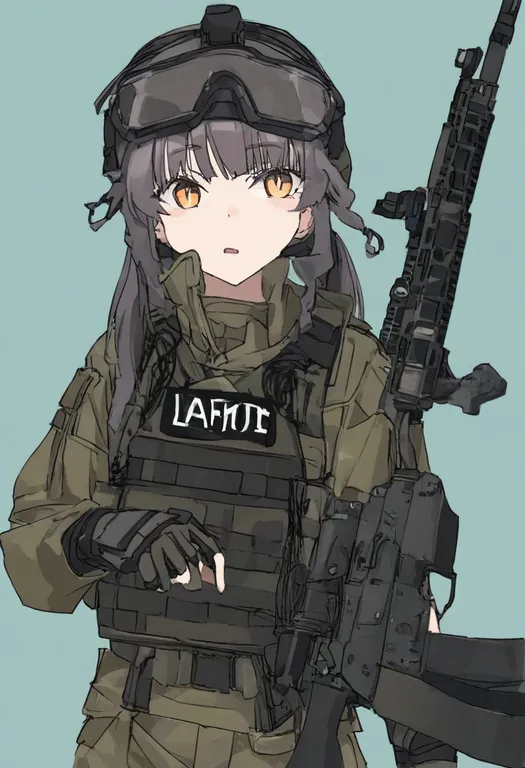 masterpiece, best quality, general, load bearing vest, 1girl, solo, simple background — by k3scat, made with ComfyUI
