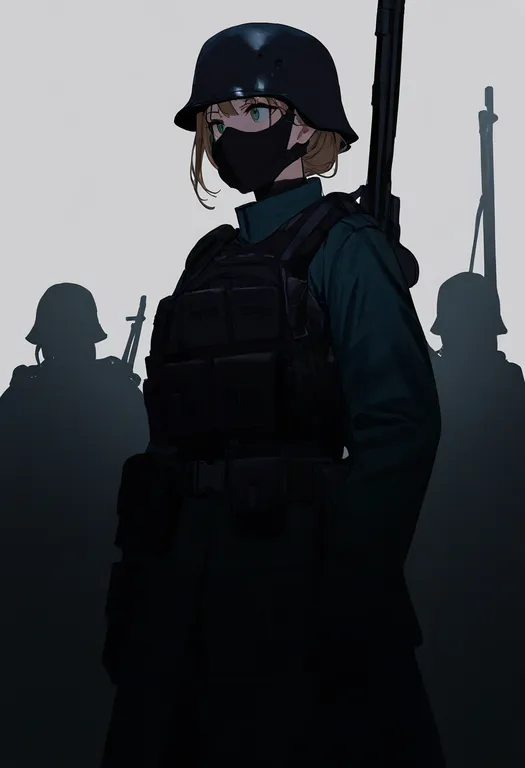 masterpiece, best quality, newest, absurdres, highres, safe, army, 1girl, solo, simple_background — by k3scat, made with ComfyUI