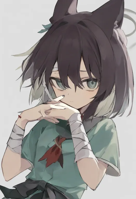 masterpiece, best quality, general, bandaged wrist, 1girl, solo, simple background — by k3scat, made with ComfyUI
