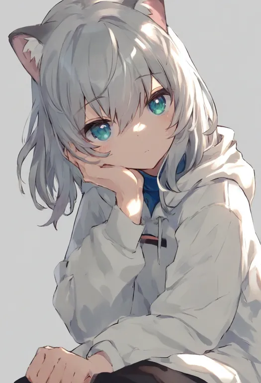 masterpiece, best quality, general, white hoodie, 1girl, solo, simple background — by k3scat, made with ComfyUI