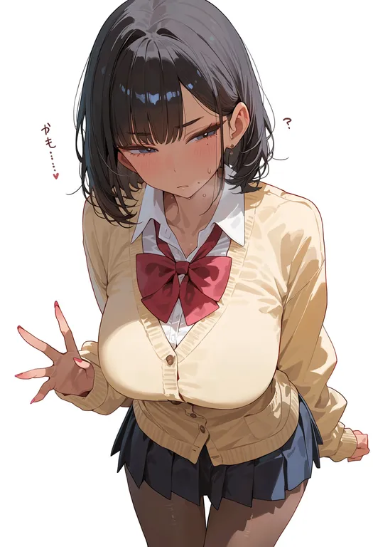 masterpiece, best quality, score_7, safe, yellow cardigan, 1girl, solo, simple background — by k3scat, made with ComfyUI