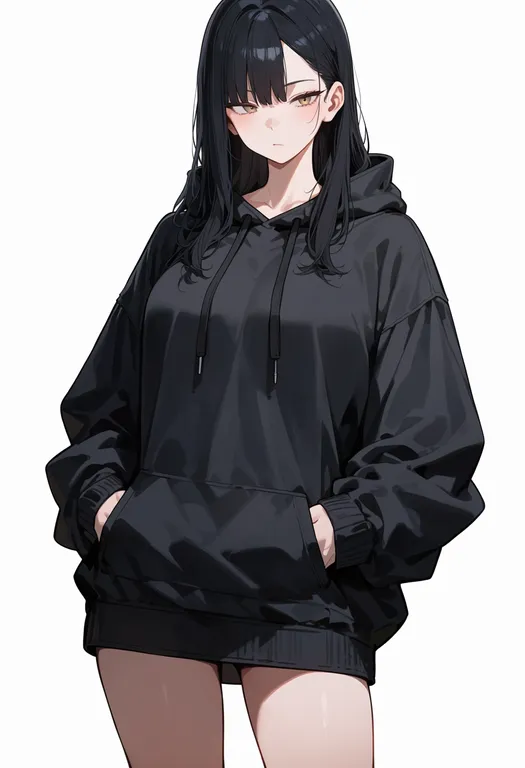 masterpiece, best quality, score_7, safe, black hoodie, 1girl, solo, simple background — by k3scat, made with ComfyUI