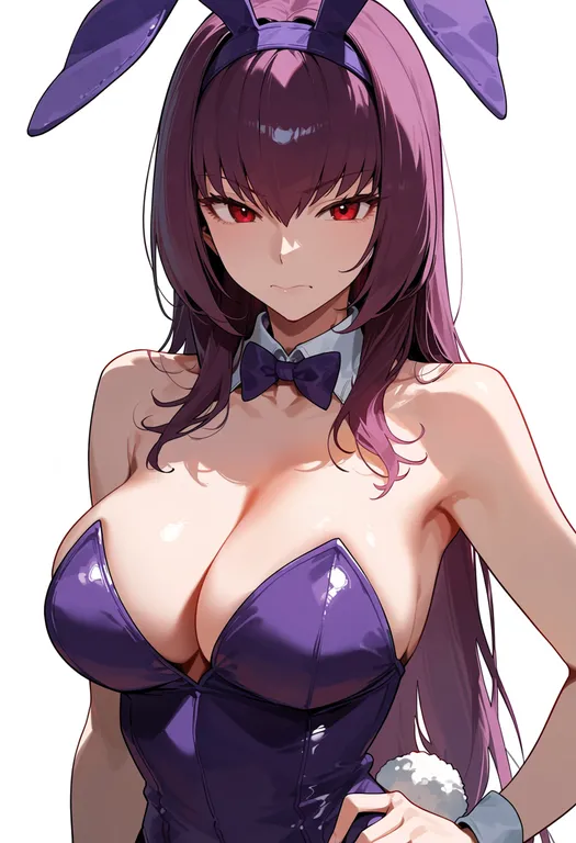 masterpiece, best quality, score_7, safe, scathach (piercing bunny) (fate), solo, upper body, simple background — by k3scat, made with ComfyUI