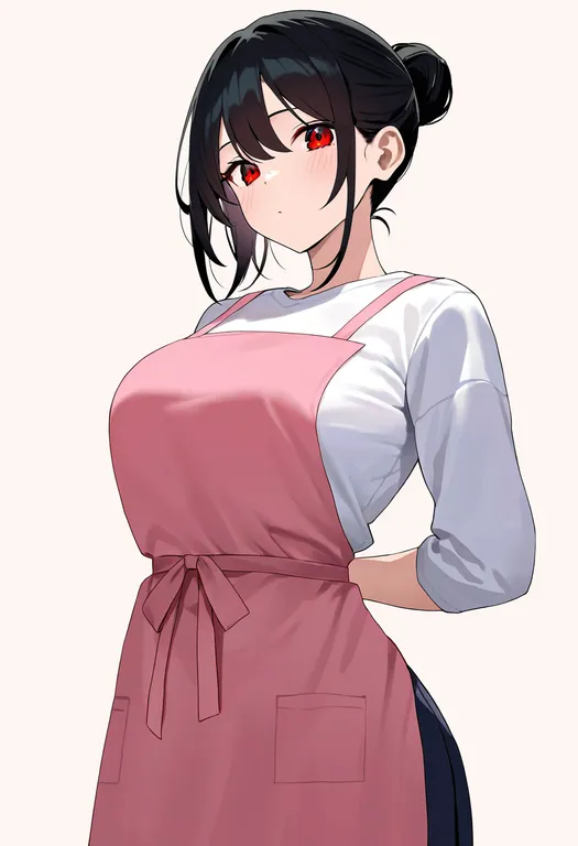 masterpiece, best quality, newest, absurdres, highres, safe, pink_apron, 1girl, solo, simple_background — by k3scat, made with ComfyUI