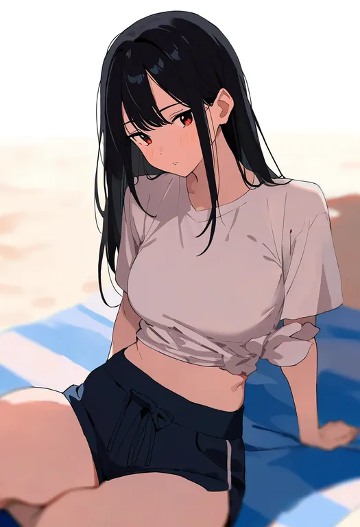 masterpiece, best quality, newest, absurdres, highres, safe, beach_towel, 1girl, solo, simple_background — by k3scat, made with ComfyUI