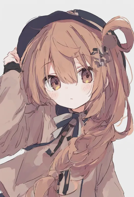 masterpiece, best quality, general, hand on headwear, 1girl, solo, upper body, simple background — by k3scat, made with ComfyUI